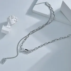 Hip hop style double layer stainless steel necklace with geometric pendant and chain link