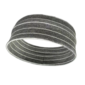 Macro view of gray and white striped ribbed knit sweatband with elastic texture