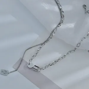 Silver double layer stainless steel necklace with square plaque and lock pendant