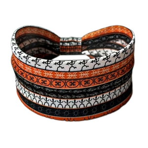 Detail of bohemian ethnic print headband with tribal patterns and elastic knitted fabric