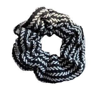 Minimalist black and white knitted scrunchie with sparkling gold metallic thread