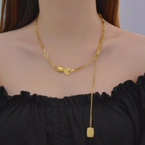 Chic hip hop gold stainless steel necklace with geometric square pendant and tassel
