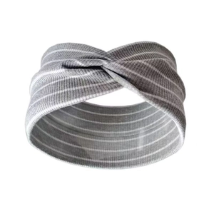 Close-up of gray ribbed knit headband with white stripes and center twist detail