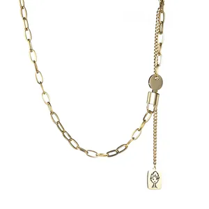Hip Hop Double Layer Stainless Steel Necklace Women Geometric Square Pendant Lock Key Tassel Portrait Design Jewelry