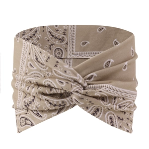 Detail of khaki bohemian paisley headband with cross twist knot and elastic knit fabric