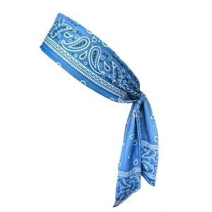 Detail of blue paisley yoga headband featuring classic pattern and twisted knot design