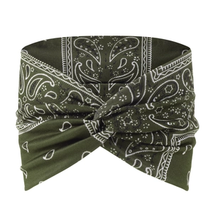 Detail of dark green paisley yoga headband with high-elastic fabric and front twist knot