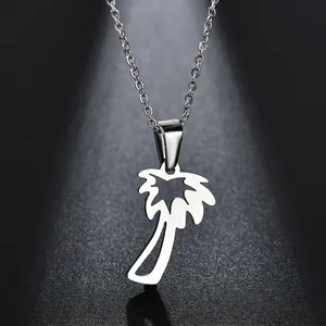 Polished stainless steel necklace featuring a hollow coconut tree pendant on a thin chain