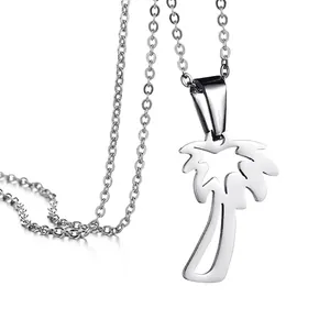 Minimalist Stainless Steel Coconut Tree Pendant Necklace For Women Hollow Out Tropical Palm Tree Clavicle Chain Summer Jewelry