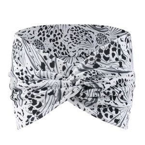Detail of bohemian black and white wide headband with twist knot and butterfly print