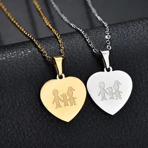 Collier pendentif cœur familial en acier inoxydable or et argent avec gravure de figures