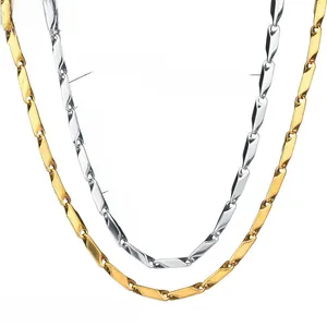 Detailed view of gold and silver stainless steel bamboo chain necklaces with size markers