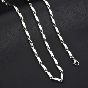 Polished silver stainless steel bamboo link chain necklace for men with lobster clasp
