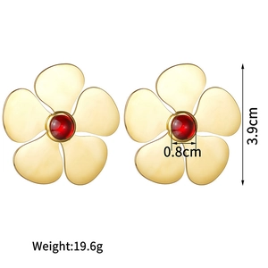 Detail view of vintage 18K gold plated flower earrings with red bead center and dimensions