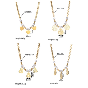 Collier de perles plaqué or 18K avec pendentifs cœur, rose, ours et plume pour femmes