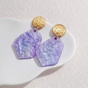 Golden sunflower studs with irregular purple resin hexagon pendants for women