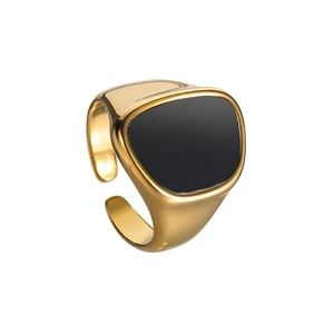 Irregular geometric titanium steel open ring in gold with a black square centerpiece