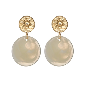 Vintage style gold sunburst disk earrings with creamy white marble acrylic round pendants