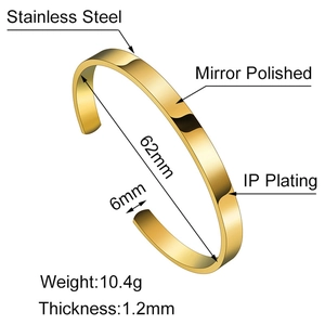 Detailed specs of the gold C-shaped stainless steel bracelet with mirror polished finish