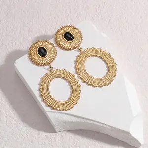 Boucles d'oreilles pendantes ovales en acier inoxydable doré avec pierre en résine noire
