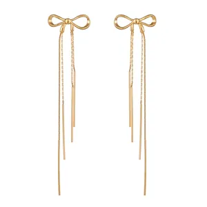 Luxury Stainless Steel Bow Tassel Drop Earrings For Women Elegant Gold Plated Bowknot Long Chain Dangle Jewelry Wedding Party Decor