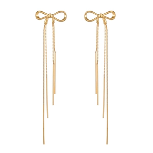 Elegant gold bow earrings with long tassel metal chains for women on white background