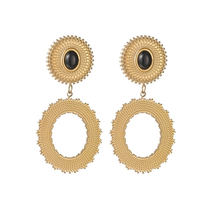 Boucles d'oreilles ovales dorées avec pierre noire au style géométrique vintage