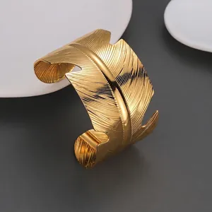 Creative gold feather C-shape open cuff bracelet in stainless steel for women