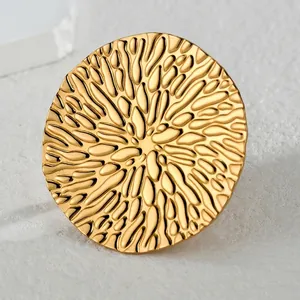 Exaggerated vintage golden stainless steel open ring with fluid ripple texture design