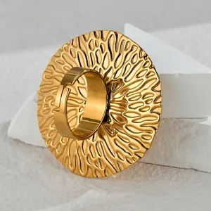 Exaggerated vintage style gold stainless steel open ring with lava textured finish