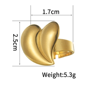 Detailed view of irregular heart-shaped gold ring with adjustable band and dimensions