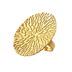 Exaggerated gold stainless steel open ring with irregular hammered lava texture