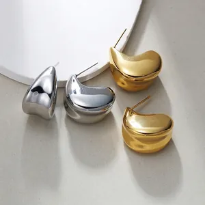 Minimalist C-shaped titanium steel bean earrings in polished gold and silver finishes