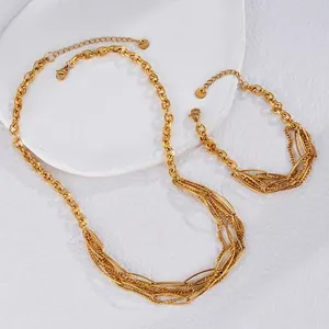 Parure collier et bracelet à maillons irréguliers en acier inoxydable doré brillant