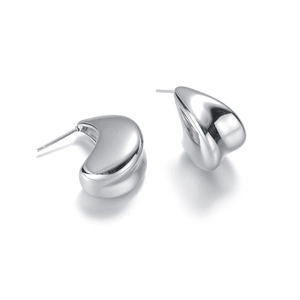 Polished silver C-shaped bean stud earrings in minimalist titanium steel for women