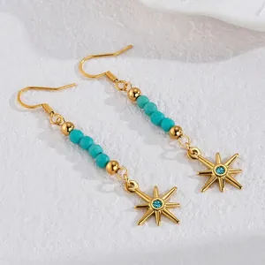 Boucles d'oreilles bohèmes étoiles dorées avec perles turquoise et cristal bleu