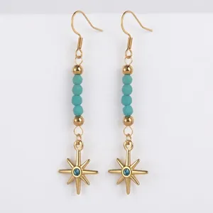Boucles d'Oreilles Pendantes en Acier Inoxydable Étoile Bohème Vintage avec Perles et Strass Bleu Bijoux pour Femme