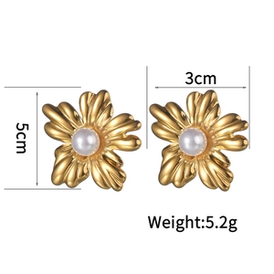 Elegant gold flower pearl earrings for women with detailed petal design on white background
