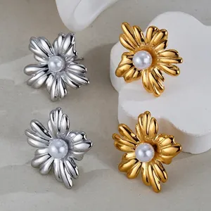 Elegant floral pearl stud earrings in gold and silver finish with realistic petal texture