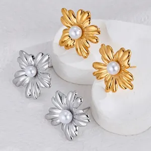Stainless Steel Flower Stud Earrings With Artificial Pearl Elegant Floral Gold Silver Earring Post Jewelry For Women Party