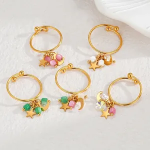 Bohemian Stainless Steel Star Moon Tassel Open Ring Colorful Beads Gold Plated Light Luxury Jewelry For Women Accessory