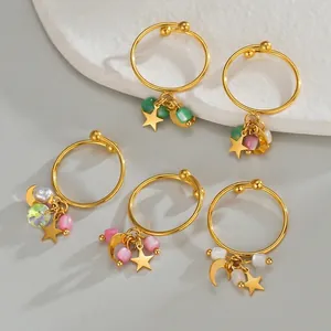 Golden stainless steel ring set with star moon pendants and colorful crystal beads