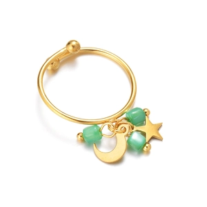 Golden stainless steel ring with colorful green beads and star moon tassel pendants