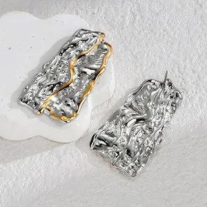 Minimalist irregular crumpled geometric earrings in silver and gold stainless steel