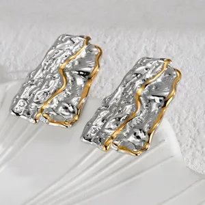 Minimalist irregular pleated geometric square earrings in two-tone gold and silver finish