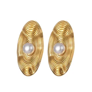 Vintage Exaggerated Oval Threaded Disc Artificial Pearl Inlaid Stainless Steel Stud Earrings 18K Gold Plated Waterproof Jewelry Women