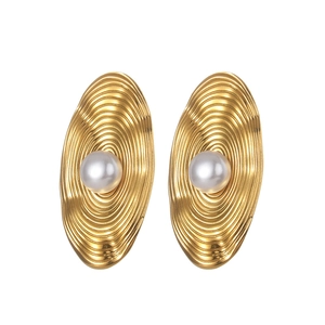 Exaggerated retro oval ridged titanium steel earrings with 18K gold plating and pearl inlay