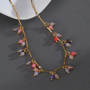 Minimalist gold bar stainless steel necklace with vibrant colorful hanging resin beads