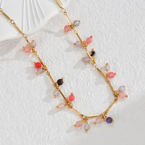 Minimalist gold stainless steel necklace with colorful beads and long tassel chain