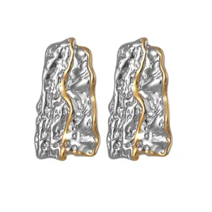 Modern Stainless Steel Geometric Earrings For Women Irregular Wavy Texture Gold Silver Bicolor Electroplated Stud Earrings Jewelry Gift
